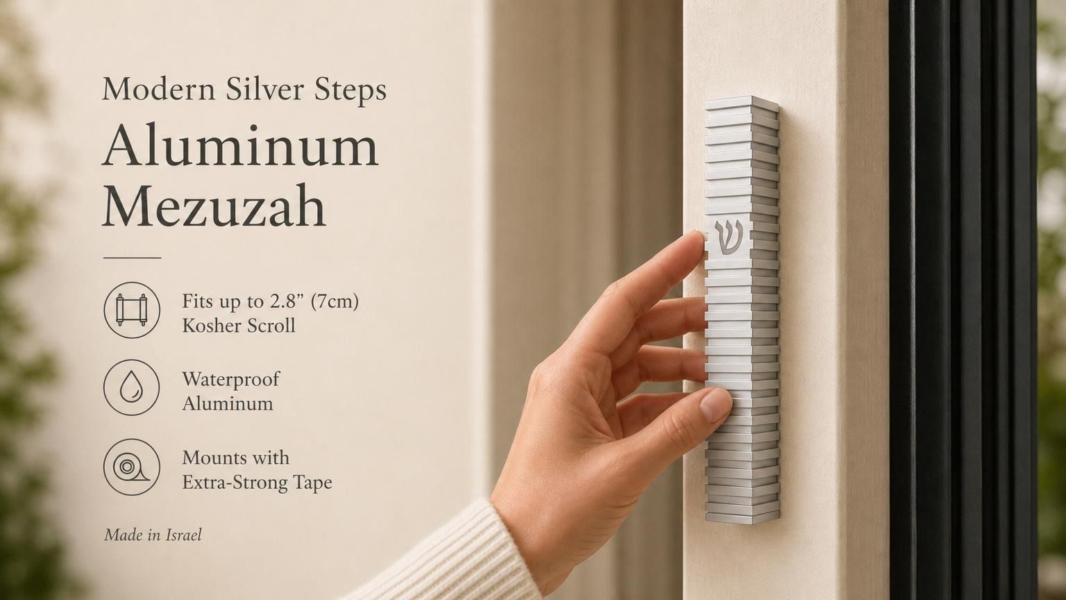 Person holding the exact Modern Silver Steps Aluminum Mezuzah at natural scale, with editorial text and negative space for in-store display.