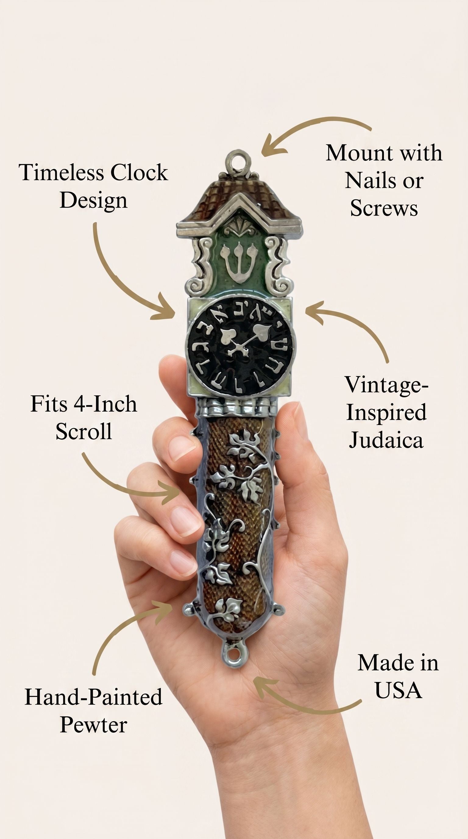 Person gently holding the Timeless Clock mezuzah, highlighting its material, design, and handcrafted details.