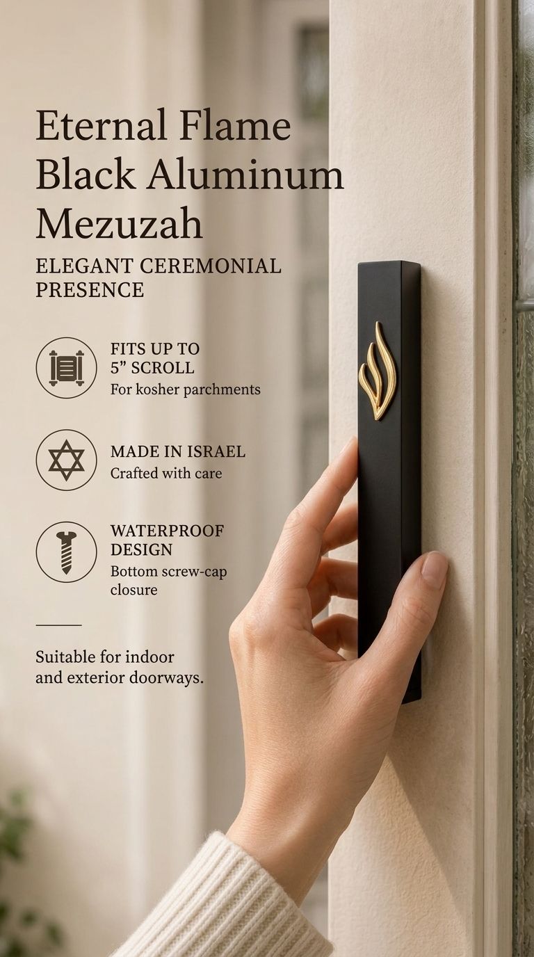 Person holding the Eternal Flame black aluminum mezuzah in natural light, showcasing its design and scale.