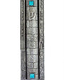 Large pewter Mezuzah with Jerusalem cityscape border, decorative stones, and ancient sky glimmer, designed for a prominent entrance.