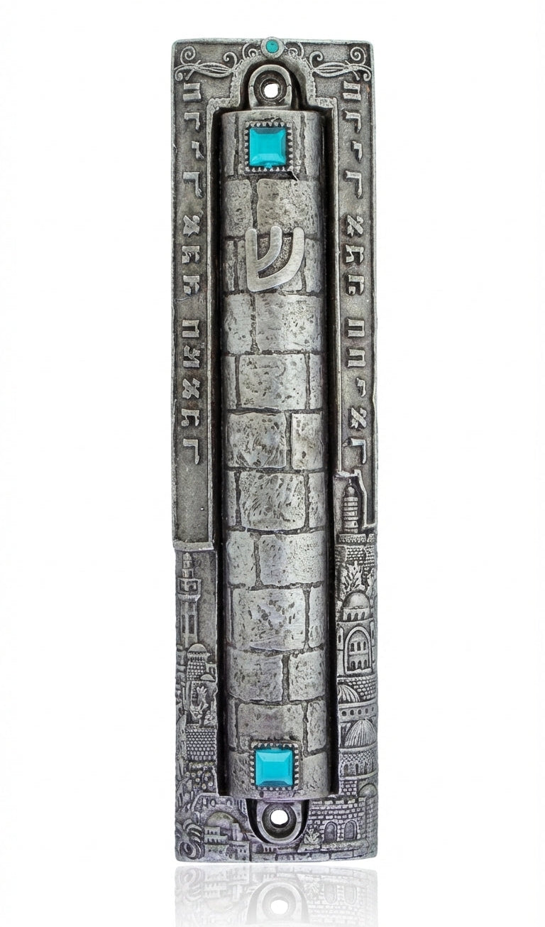 Large pewter Mezuzah with Jerusalem cityscape border, decorative stones, and ancient sky glimmer, designed for a prominent entrance.