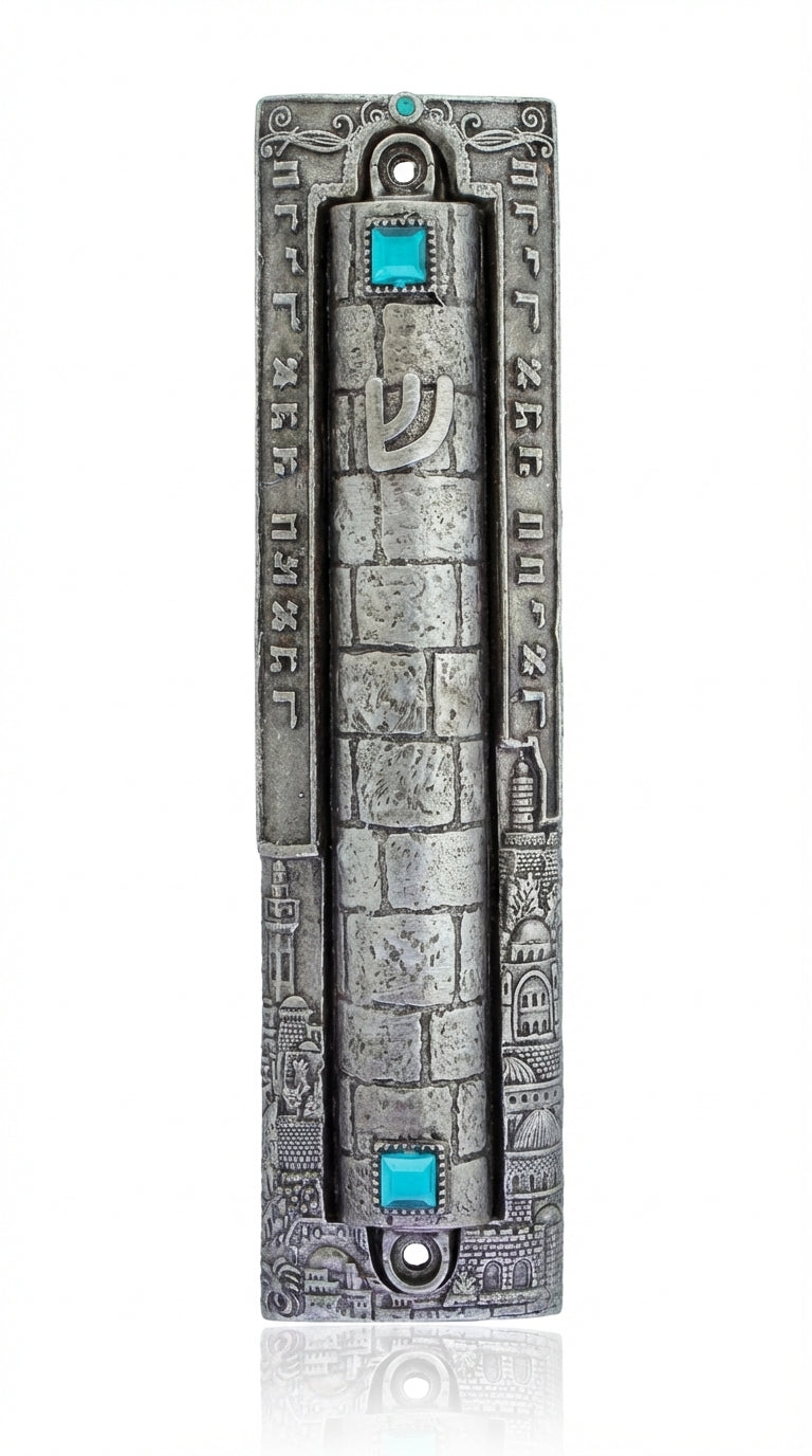 Large pewter Mezuzah with Jerusalem cityscape border, decorative stones, and ancient sky glimmer, designed for a prominent entrance.