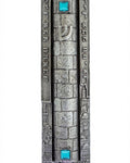 Large pewter Mezuzah with Jerusalem cityscape border, decorative stones, and ancient sky glimmer, designed for a prominent entrance.