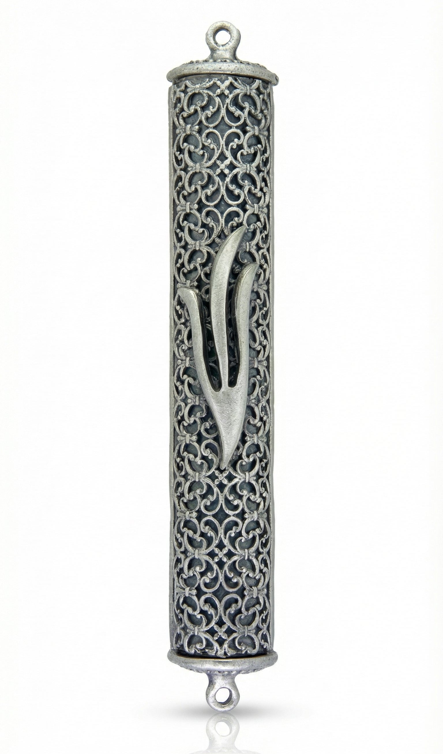 Elegant pewter filigree mezuzah with detailed design, showcased on a white studio background with soft reflection.