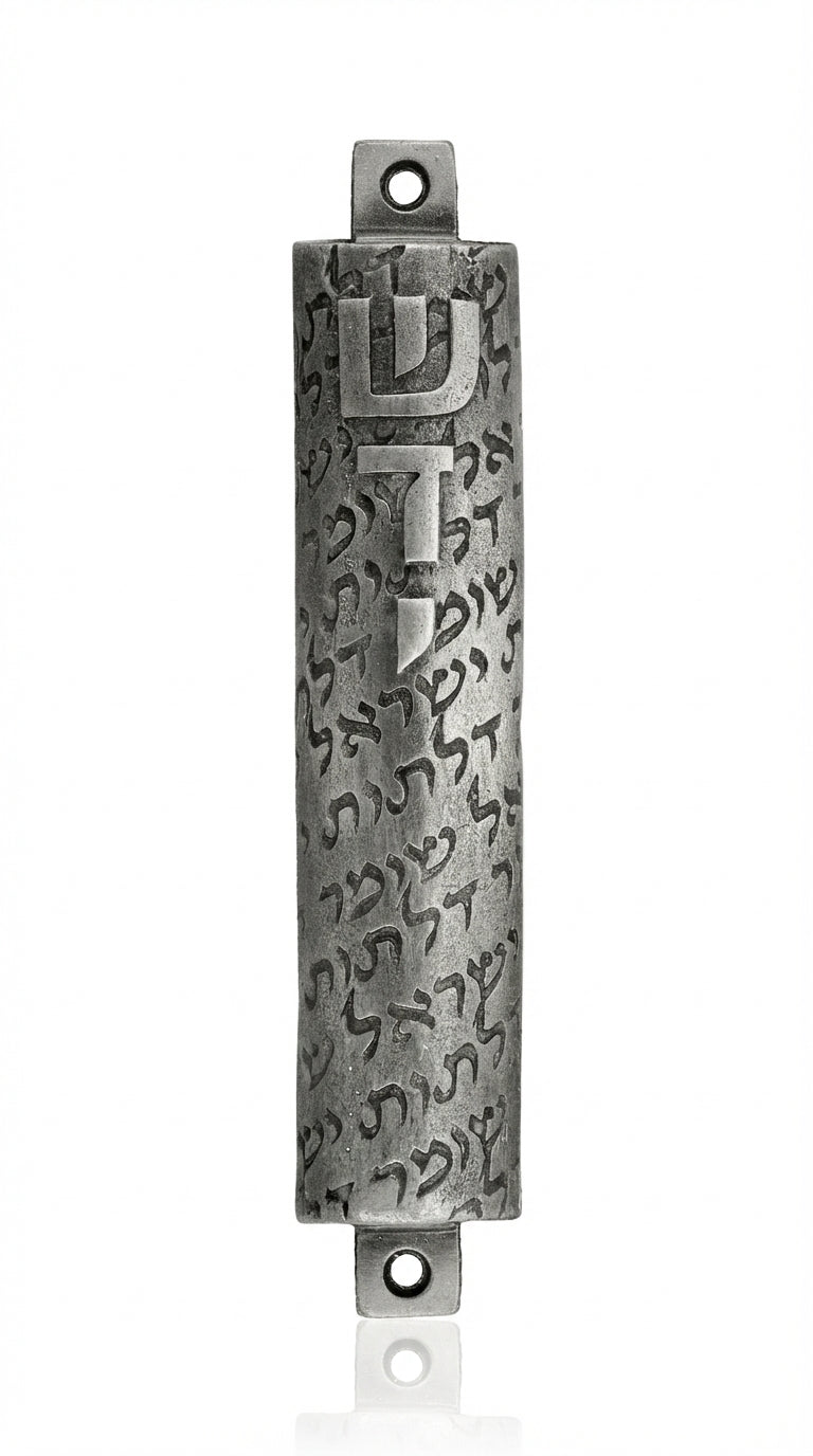 Large pewter Mezuzah with Hebrew text Guardian of the doors of Israel, crafted with detailed engravings and decorative motifs, designed for home doors.