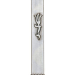 Elegant pewter mezuzah with hearts on each end, shown in a bright studio setting with clean white background and subtle reflection.