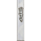Elegant pewter mezuzah with hearts on each end, shown in a bright studio setting with clean white background and subtle reflection.