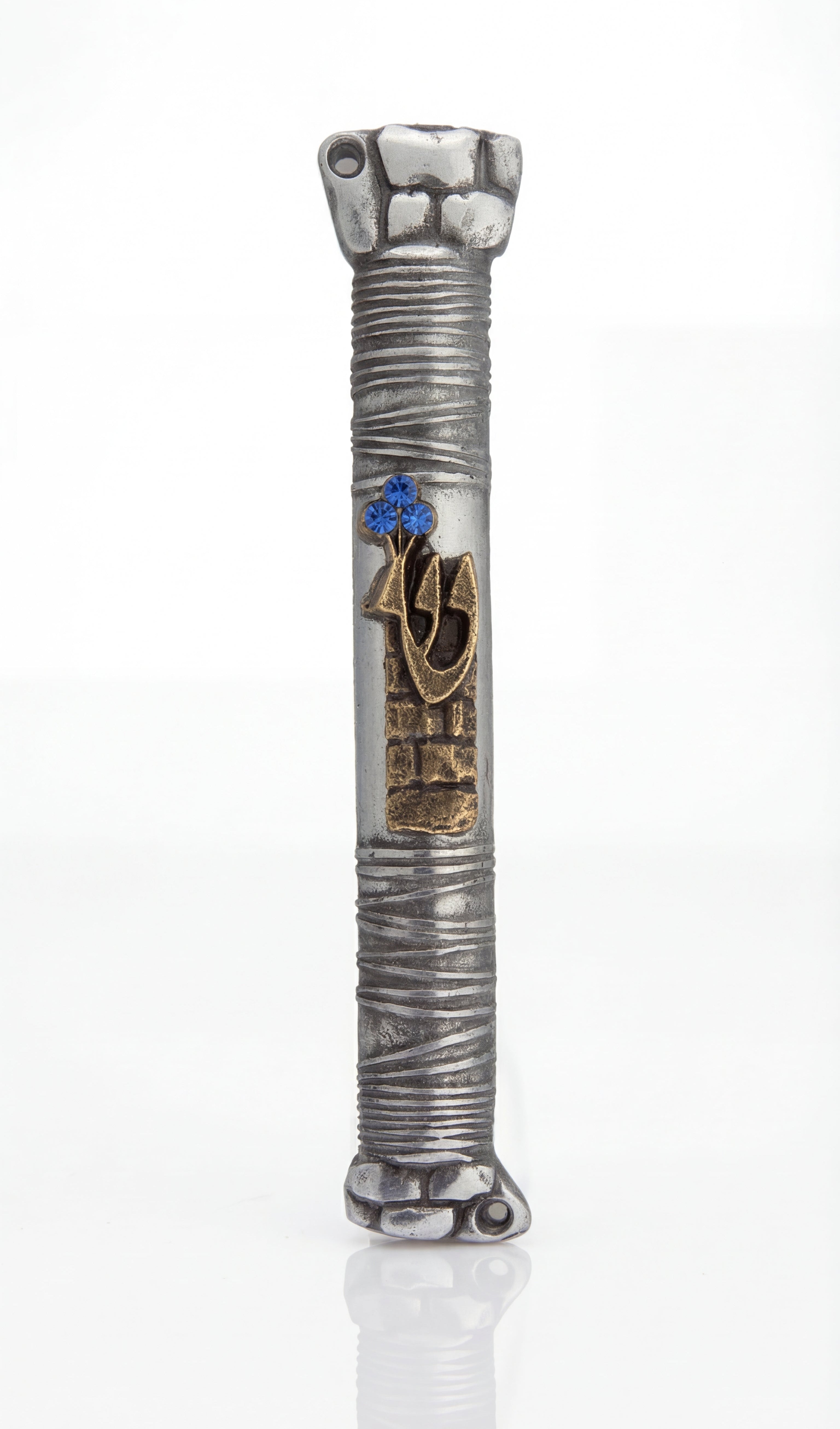 a 5-inch pewter Kotel Mezuzah with Shin letter and blue accent stones