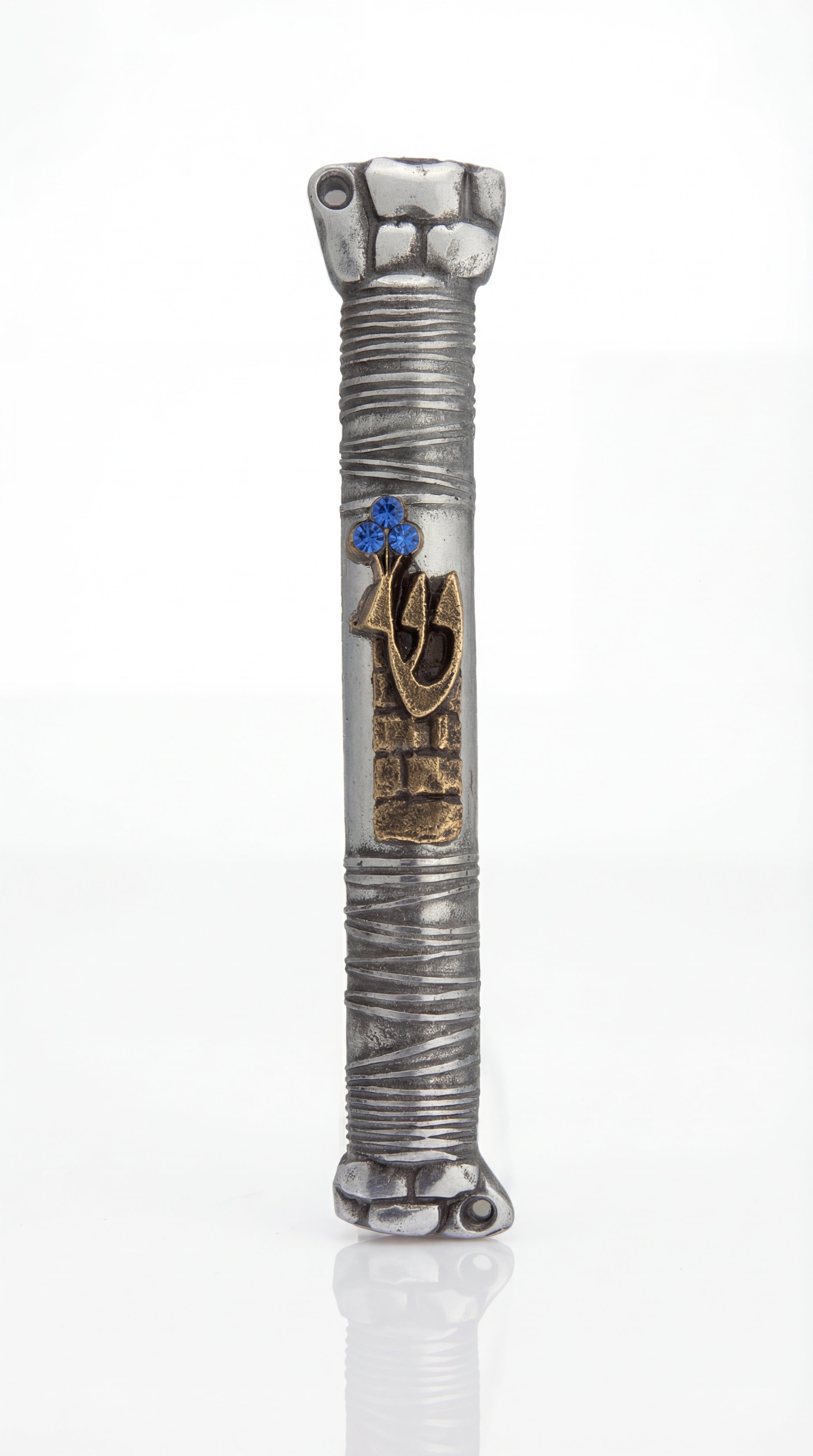 a 5-inch pewter Kotel Mezuzah with Shin letter and blue accent stones