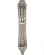 Elegant pewter mezuzah with antique finish, 5.5 inches tall, on a white studio background with soft light and subtle reflection, detailed design.