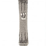 Elegant pewter mezuzah with antique finish, 5.5 inches tall, on a white studio background with soft light and subtle reflection, detailed design.