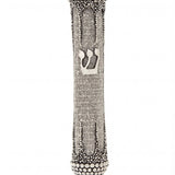 Elegant pewter mezuzah with antique finish, 5.5 inches tall, on a white studio background with soft light and subtle reflection, detailed design.