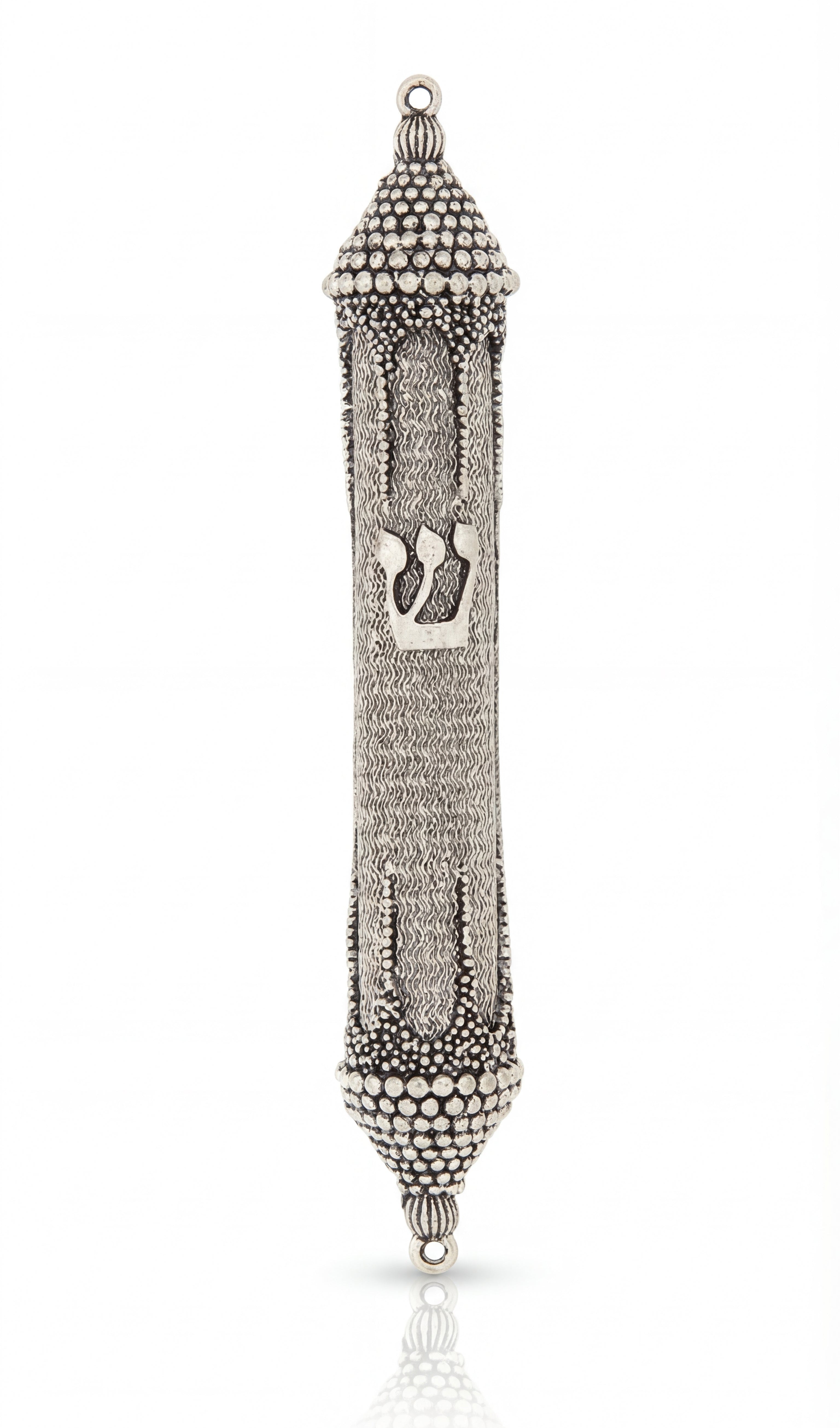 Elegant pewter mezuzah with antique finish, 5.5 inches tall, on a white studio background with soft light and subtle reflection, detailed design.