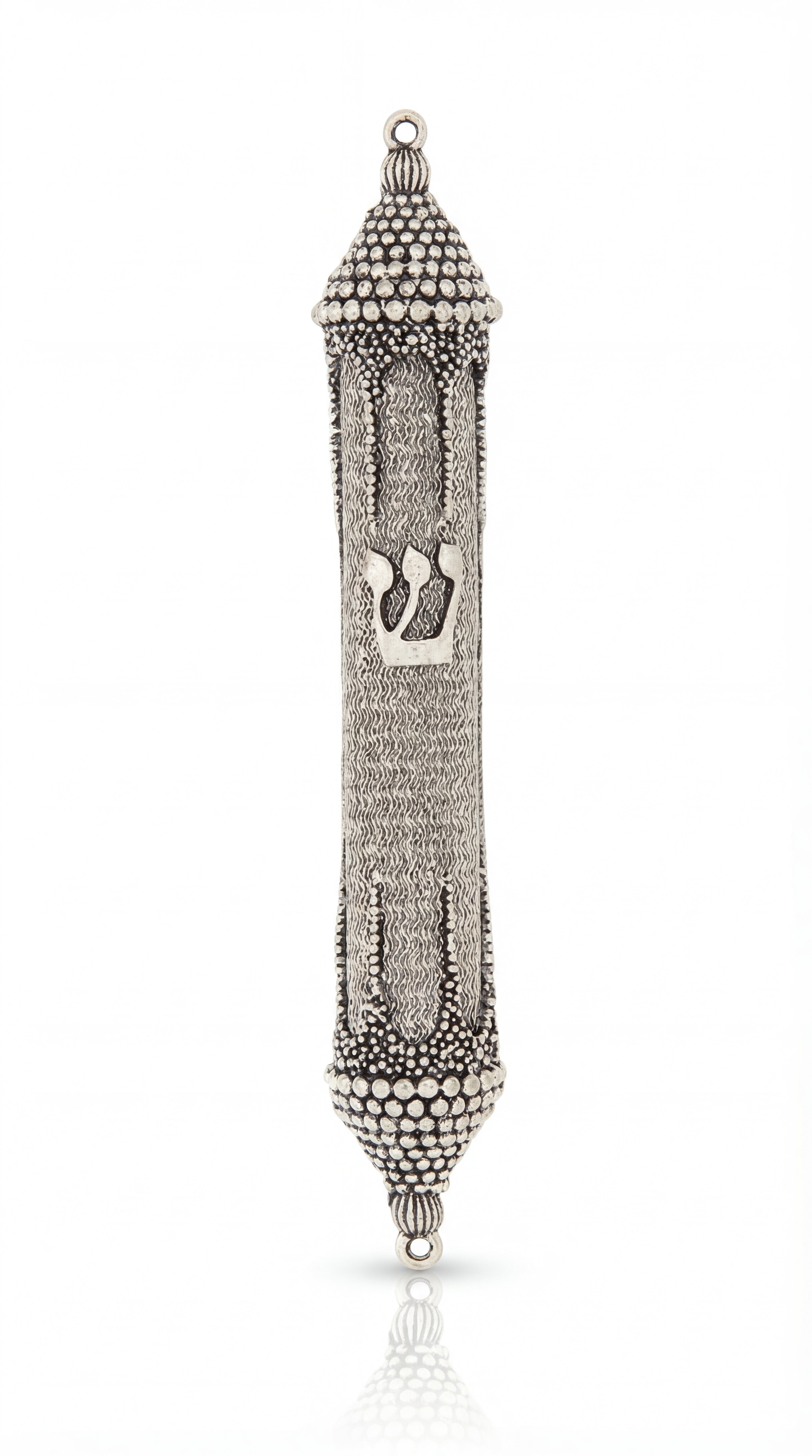Elegant pewter mezuzah with antique finish, 5.5 inches tall, on a white studio background with soft light and subtle reflection, detailed design.