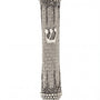 Elegant pewter mezuzah with antique finish, 5.5 inches tall, on a white studio background with soft light and subtle reflection, detailed design.