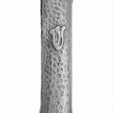 High-resolution image of a simple pewter Mezuzah with the letter 'Shin', featuring intricate details and textured finish, on a white studio background with soft reflection.