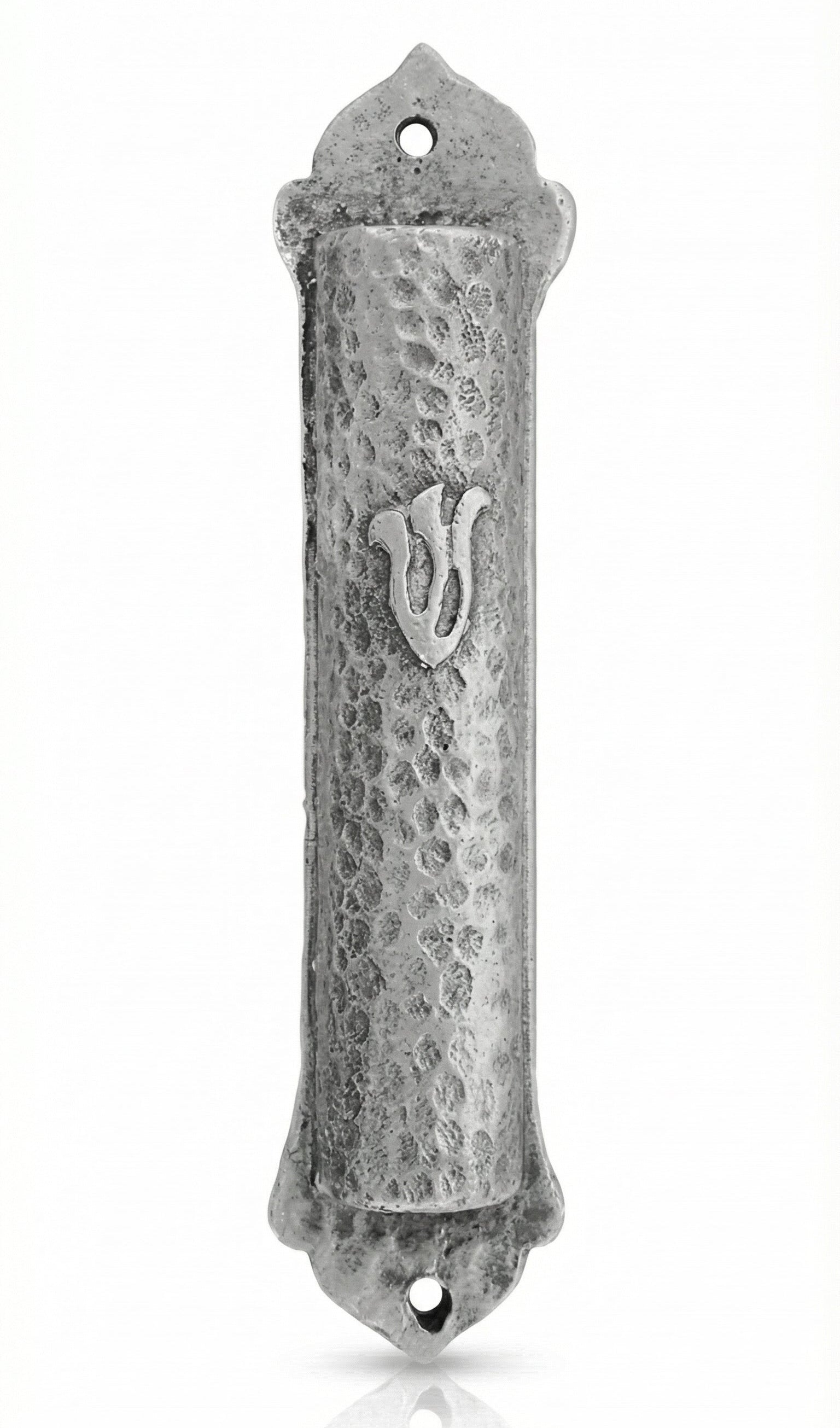 High-resolution image of a simple pewter Mezuzah with the letter 'Shin', featuring intricate details and textured finish, on a white studio background with soft reflection.