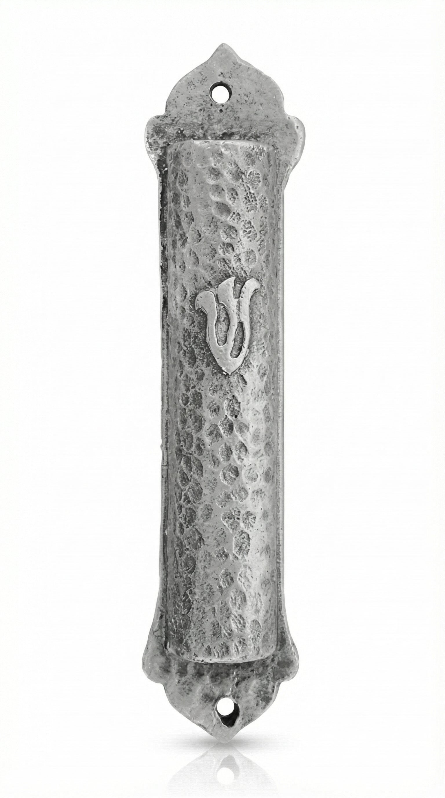 High-resolution image of a simple pewter Mezuzah with the letter 'Shin', featuring intricate details and textured finish, on a white studio background with soft reflection.