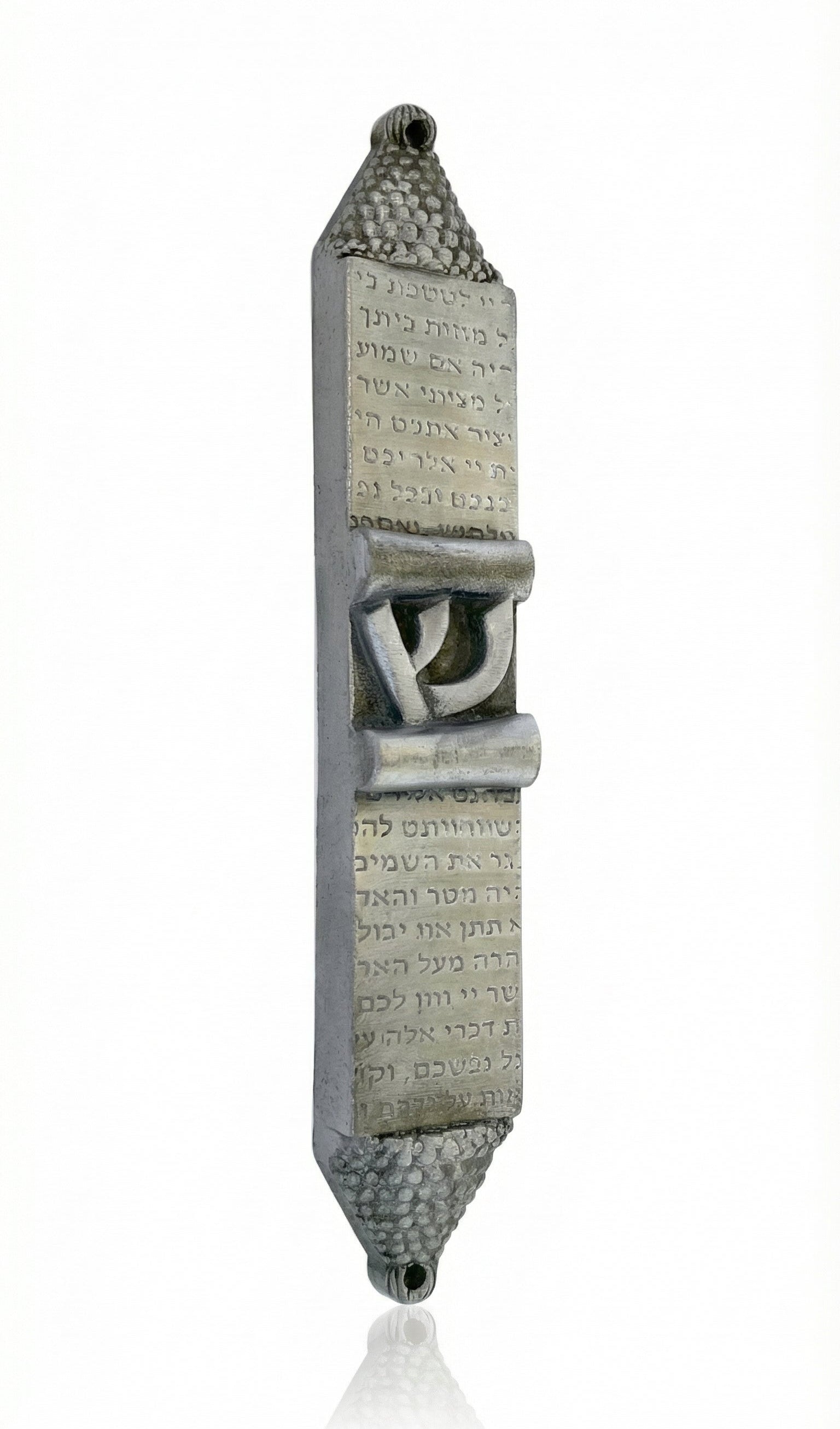 Detailed pewter mezuzah with Hebrew inscriptions, designed for mounting on door frames, with a polished finish and clear engraved details.