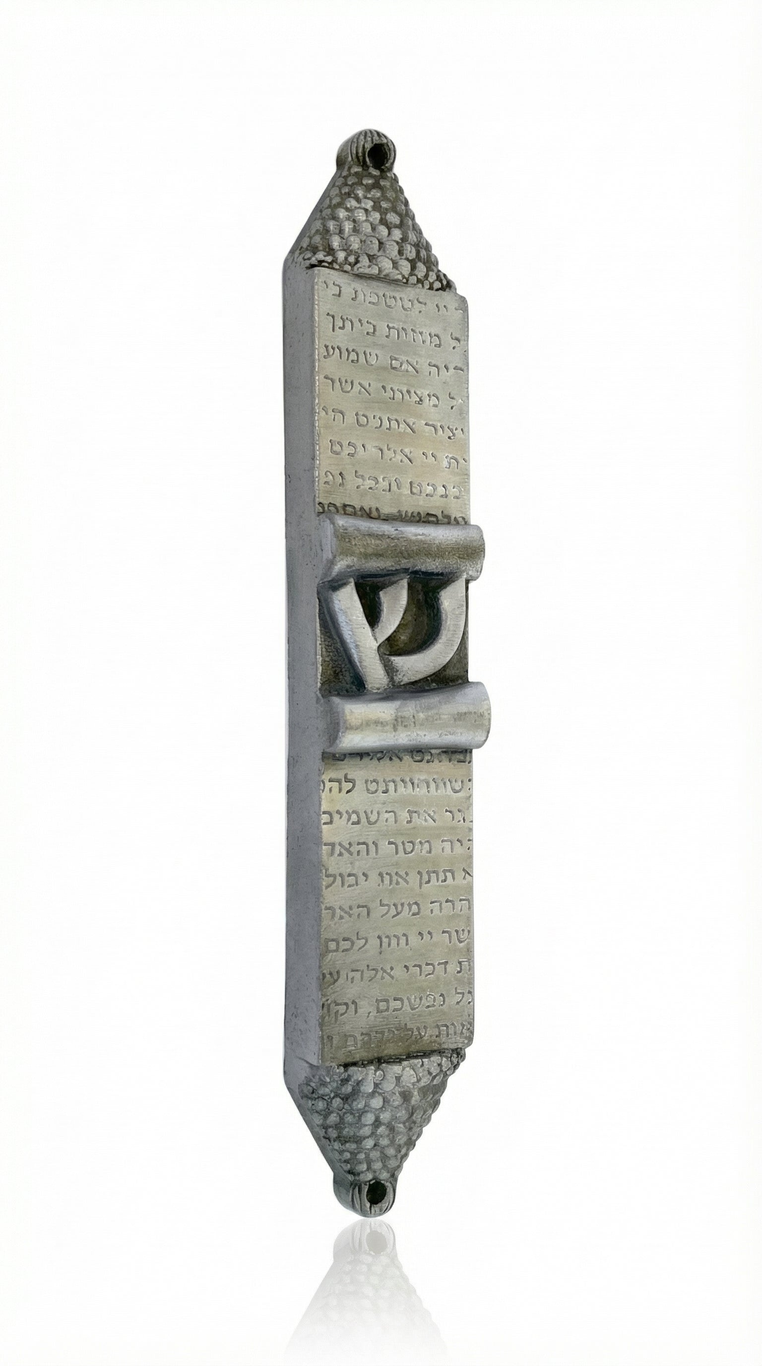 Detailed pewter mezuzah with Hebrew inscriptions, designed for mounting on door frames, with a polished finish and clear engraved details.