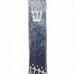 pewter Torah scroll mezuzah case with blue and white enamel, displayed on a white studio background with a soft reflection