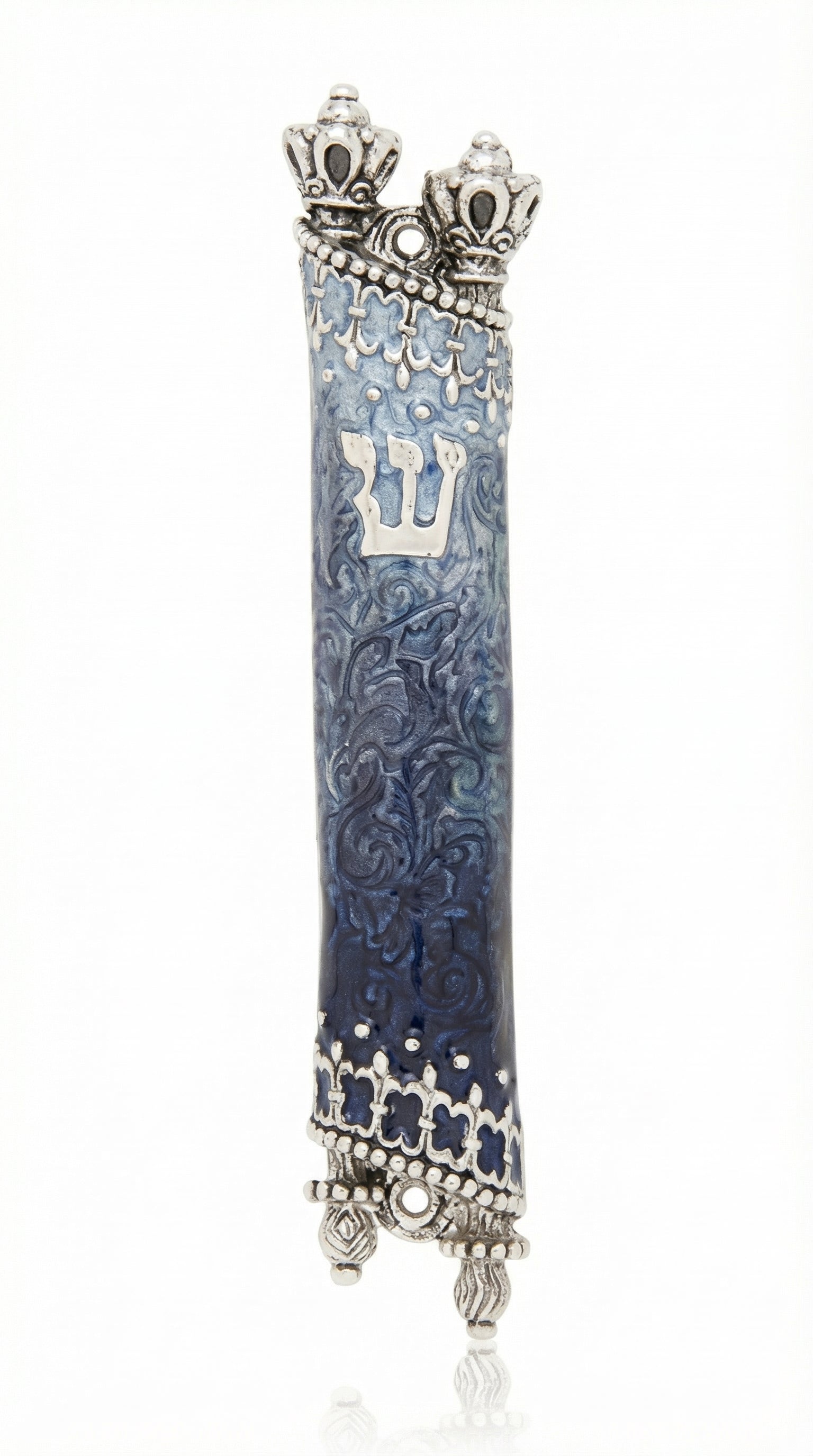 pewter Torah scroll mezuzah case with blue and white enamel, displayed on a white studio background with a soft reflection