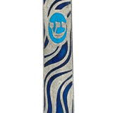 Petite pewter finish mezuzah case with Hebrew letters, decorative motifs, and smooth curves, displayed on a white studio surface with a subtle reflection.