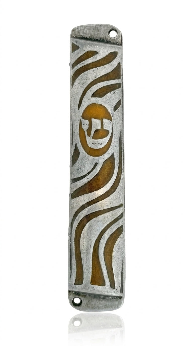 Pewter finish pewter Wave Mezuzah in petite size with Hebrew engravings, mounted on a white background with soft reflection.