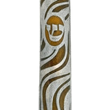 Pewter finish pewter Wave Mezuzah in petite size with Hebrew engravings, mounted on a white background with soft reflection.