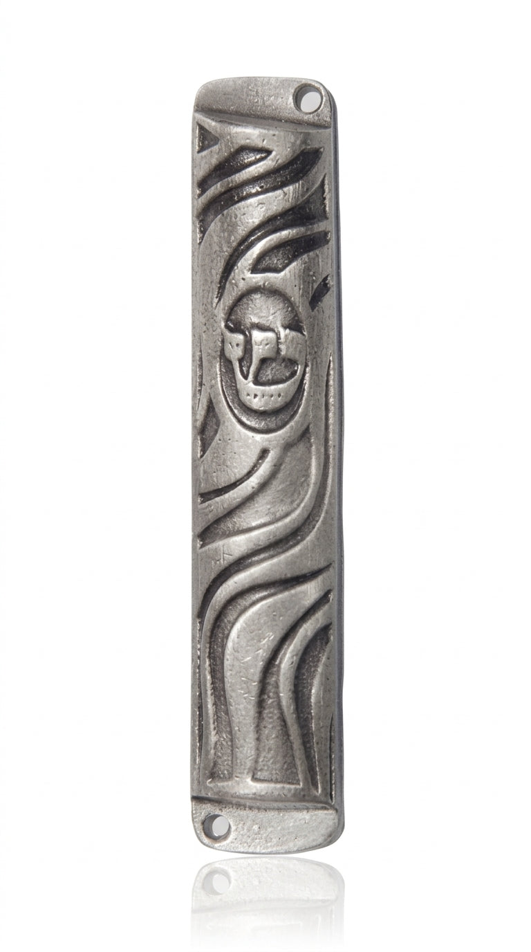 Petite pewter Wave Mezuzah with Hebrew lettering, crafted in Israel, designed for doorways, includes mounting options and optional scroll.