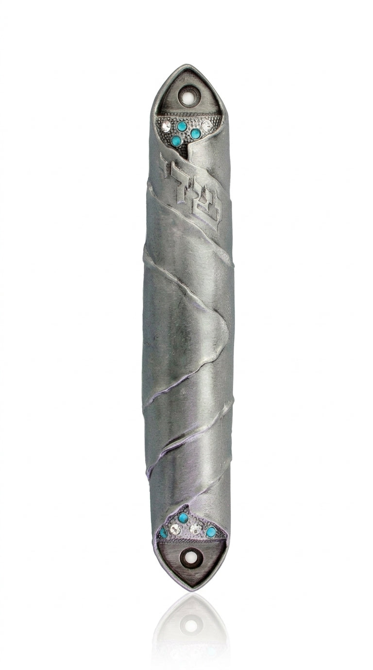 Pewter wrap large 6-inch tall Mezuzah with vibrant blue and white stones, detailed carvings, Hebrew letters, and decorative motifs, on a white studio background with soft reflection.