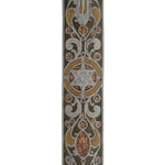 Detailed pewter mezuzah with Hebrew inscriptions, decorative motifs, and engraved design on a white studio background with light reflection.
