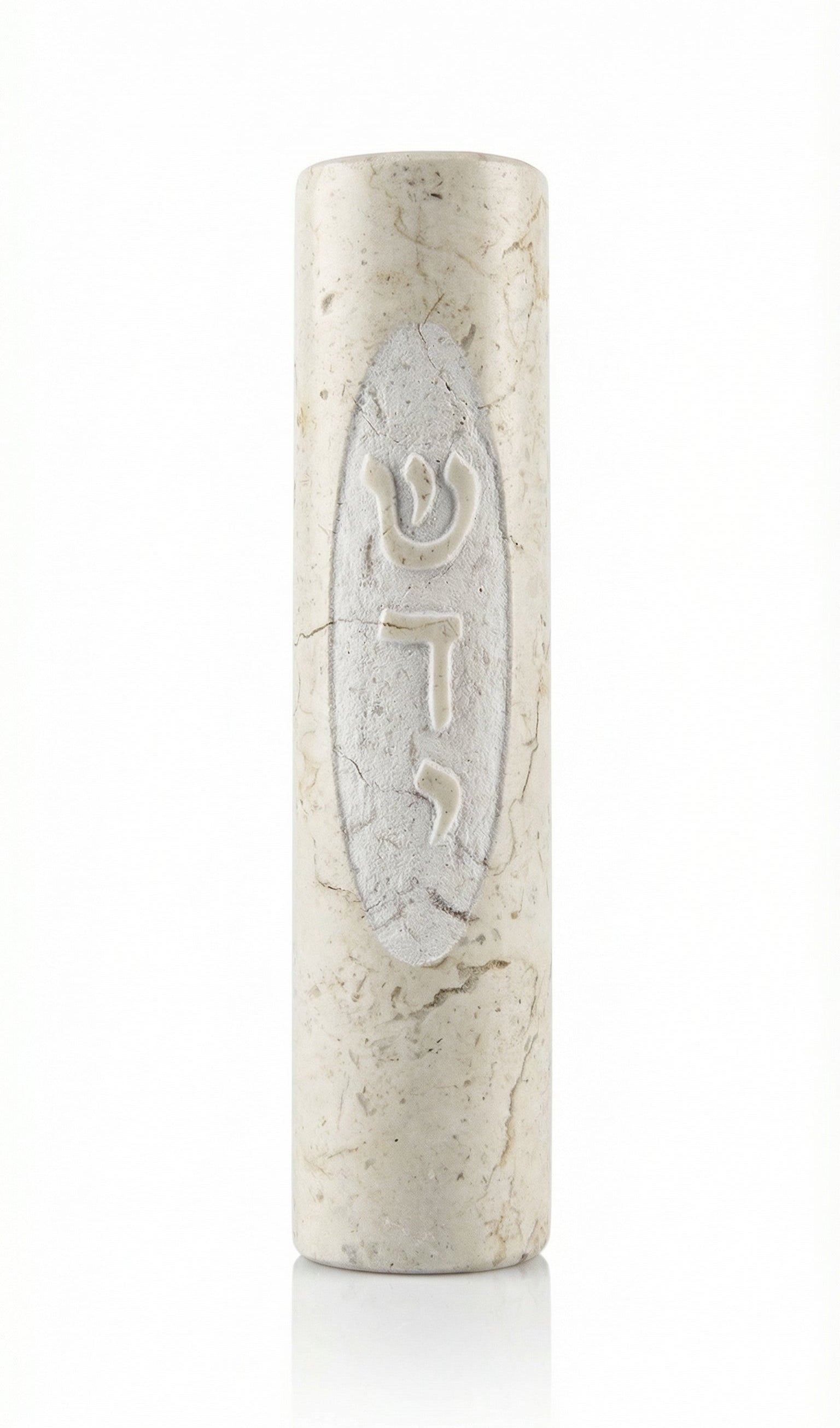 Close-up of a handcrafted Jerusalem stone Mezuzah with Hebrew 'Shadadai' inscription, showcasing natural texture and elegant design.