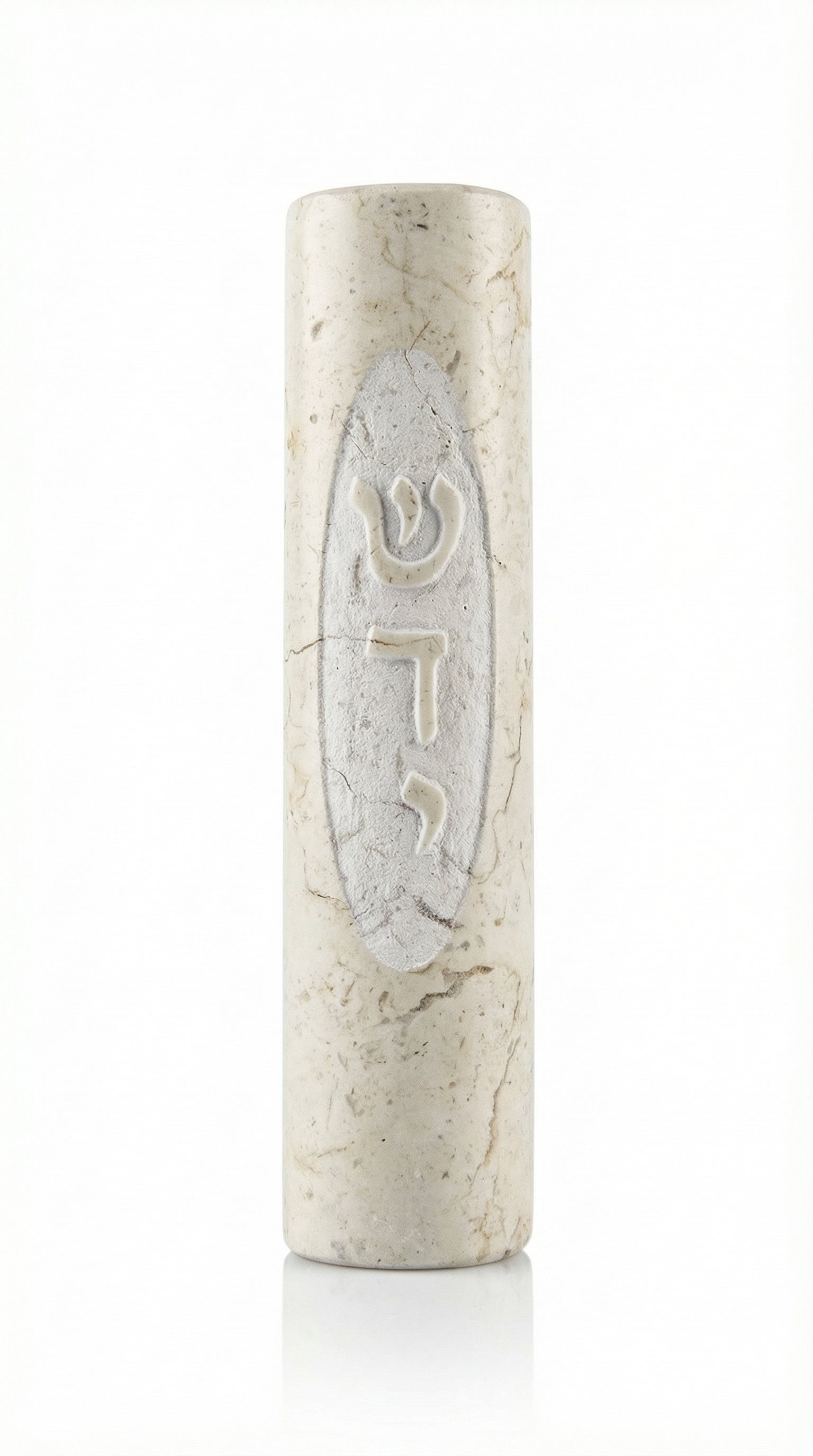 Close-up of a handcrafted Jerusalem stone Mezuzah with Hebrew 'Shadadai' inscription, showcasing natural texture and elegant design.