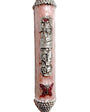 Pink castle-shaped mezuzah with sparkling pink butterfly charm, Hebrew lettering, and enamel paint, designed for princess-themed home decor.