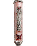 Pink castle-shaped mezuzah with sparkling pink butterfly charm, Hebrew lettering, and enamel paint, designed for princess-themed home decor.