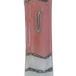 Pink glass Mezuzah measuring 4.5 inches tall, with detailed Hebrew engravings and decorative motifs, displayed on a white studio background with a soft reflection.