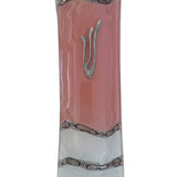 Pink glass Mezuzah measuring 4.5 inches tall, with detailed Hebrew engravings and decorative motifs, displayed on a white studio background with a soft reflection.