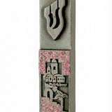 Pink Peace Pewter Mezuzah with raised Hebrew Shin, Jerusalem cityscape, hand-painted enamel and sparkling pink jeweled accents