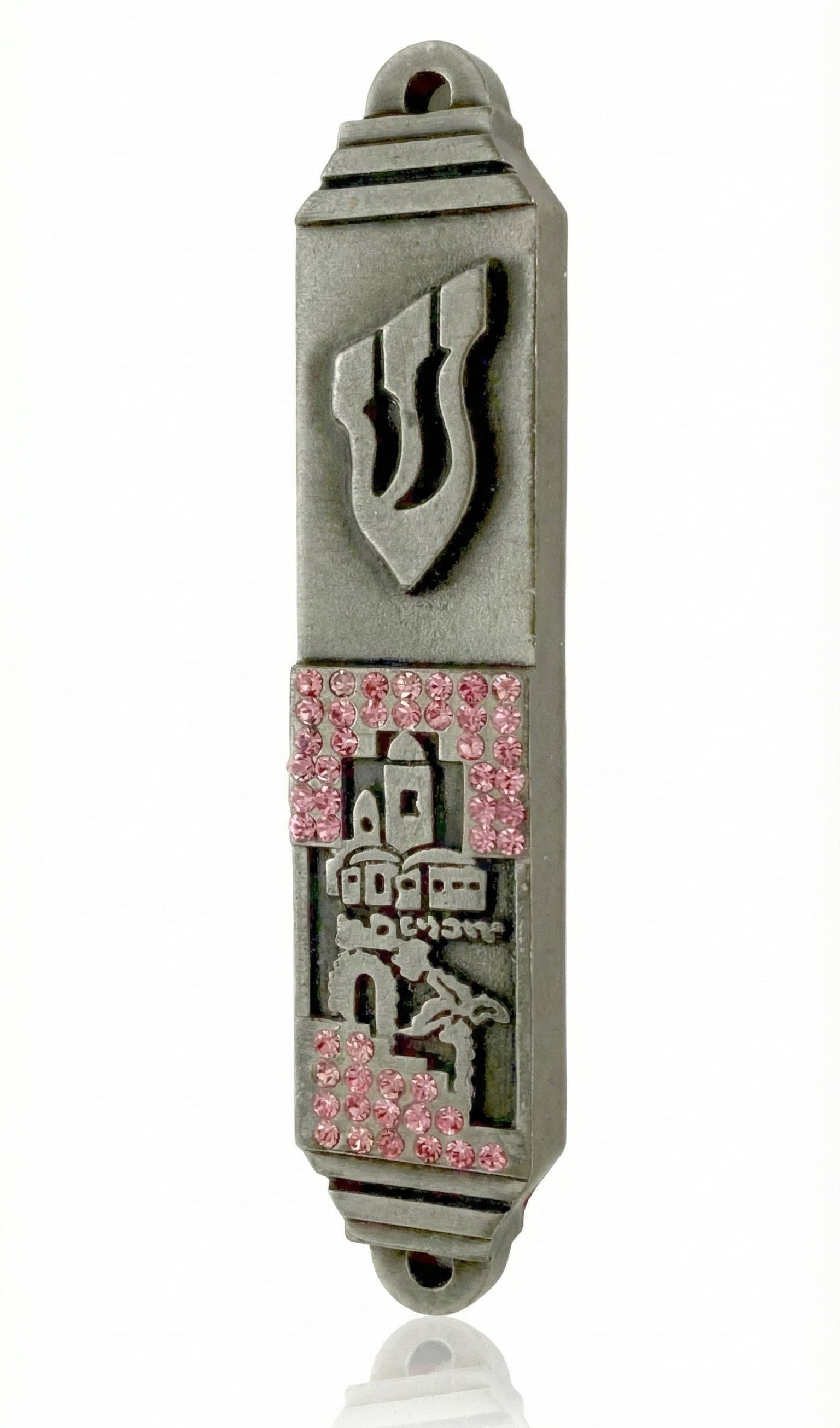 Pink Peace Pewter Mezuzah with raised Hebrew Shin, Jerusalem cityscape, hand-painted enamel and sparkling pink jeweled accents