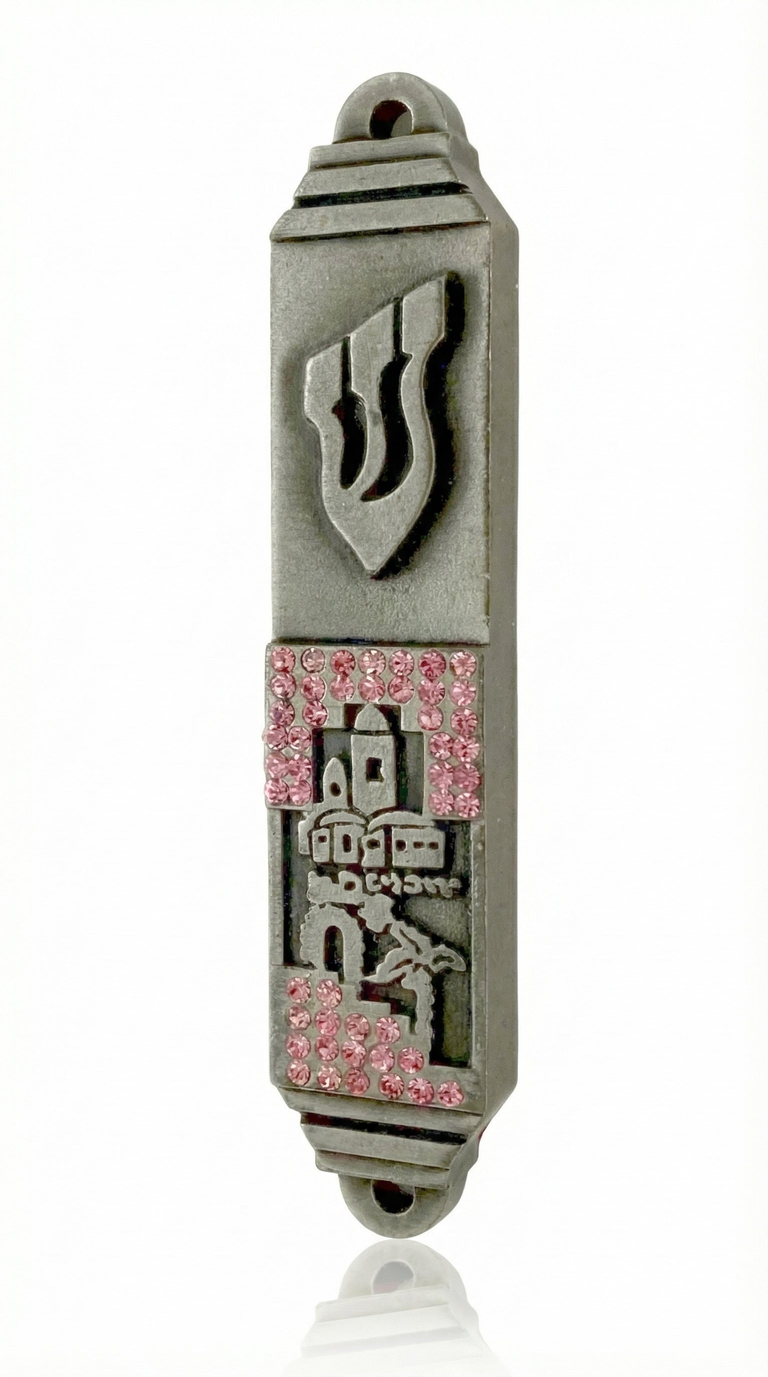 Pink Peace Pewter Mezuzah with raised Hebrew Shin, Jerusalem cityscape, hand-painted enamel and sparkling pink jeweled accents