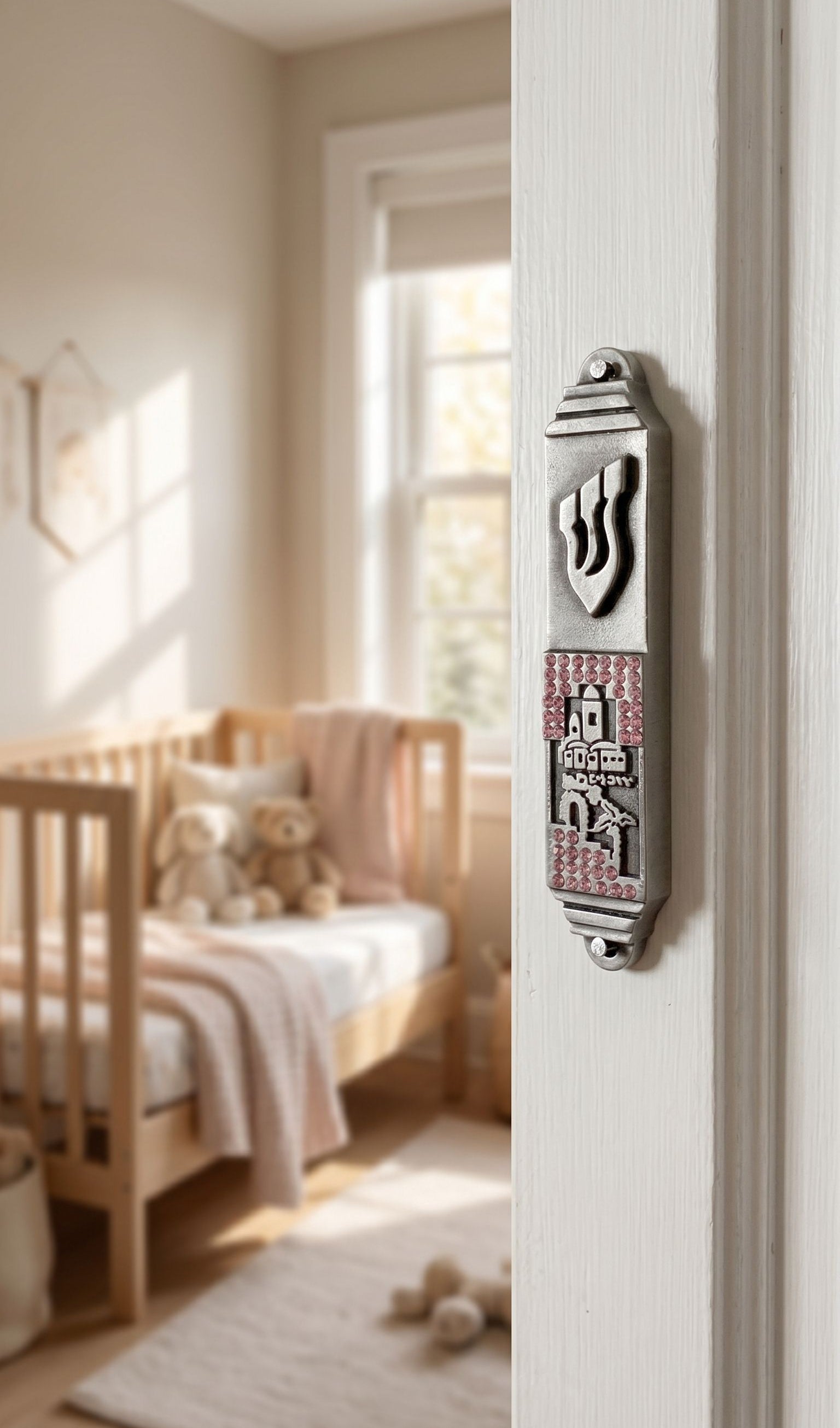 Pink pewter mezuzah with enamel accents mounted on the right side of an elegant interior doorway in a home setting.