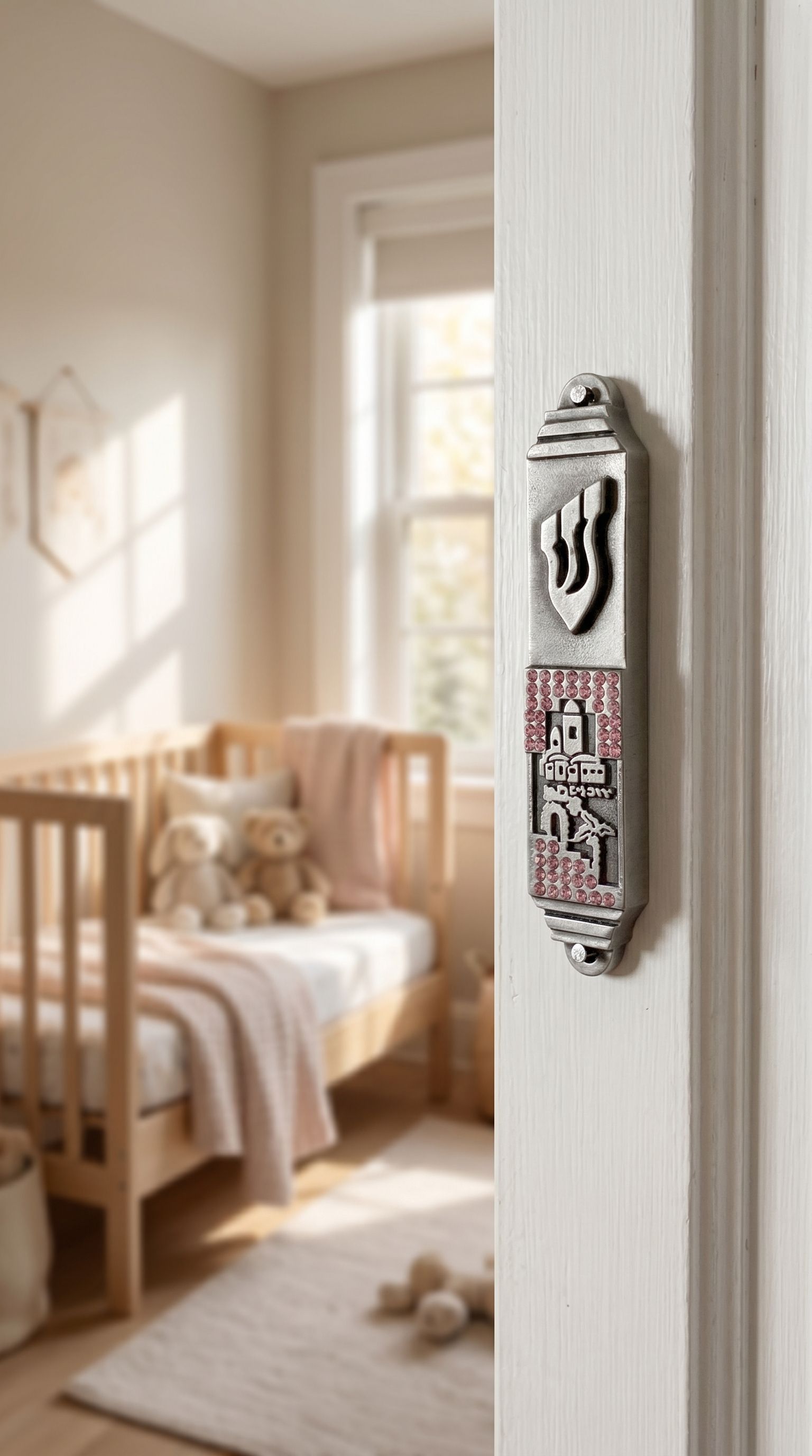 Pink pewter mezuzah with enamel accents mounted on the right side of an elegant interior doorway in a home setting.