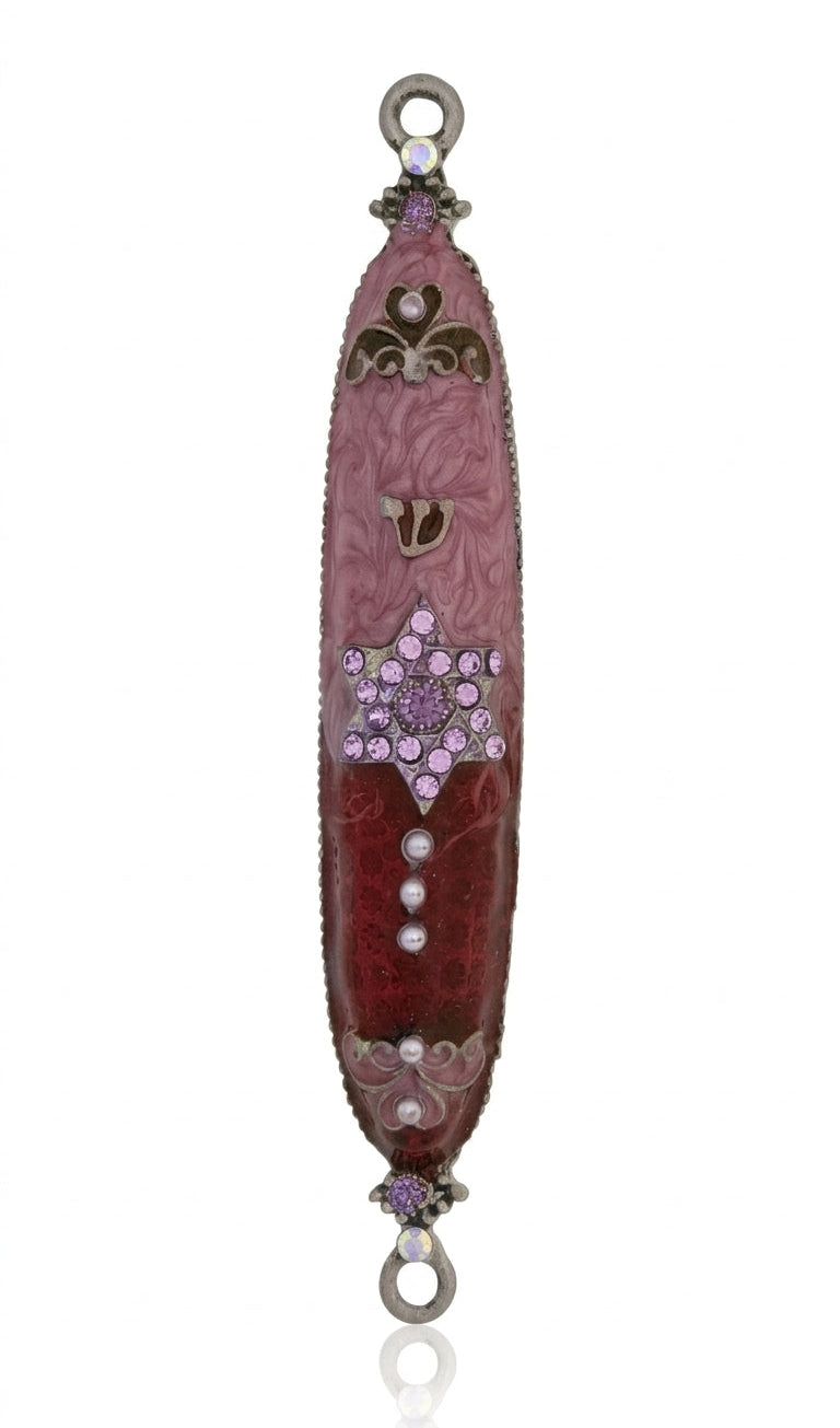 Pink Star of David Mezuzah made of pewter with enamel, 4.5 inches tall, decorated with Jewish symbols, displayed on a white studio background with subtle reflection.