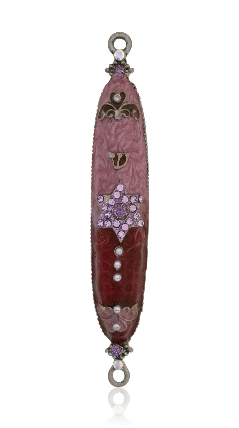 Pink Star of David Mezuzah made of pewter with enamel, 4.5 inches tall, decorated with Jewish symbols, displayed on a white studio background with subtle reflection.