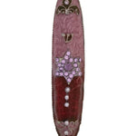 Pink Star of David Mezuzah made of pewter with enamel, 4.5 inches tall, decorated with Jewish symbols, displayed on a white studio background with subtle reflection.