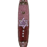 Pink Star of David Mezuzah made of pewter with enamel, 4.5 inches tall, decorated with Jewish symbols, displayed on a white studio background with subtle reflection.