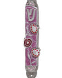Highly detailed pewter mezuzah with artistic pomegranate design and enamel accents, displayed against a pure white background with soft reflection.