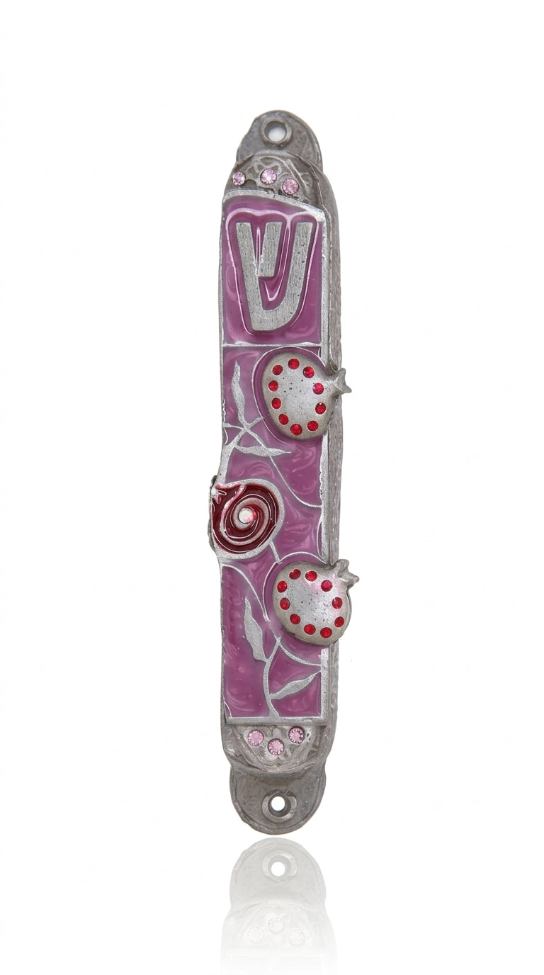 Highly detailed pewter mezuzah with artistic pomegranate design and enamel accents, displayed against a pure white background with soft reflection.