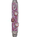 Highly detailed pewter mezuzah with artistic pomegranate design and enamel accents, displayed against a pure white background with soft reflection.
